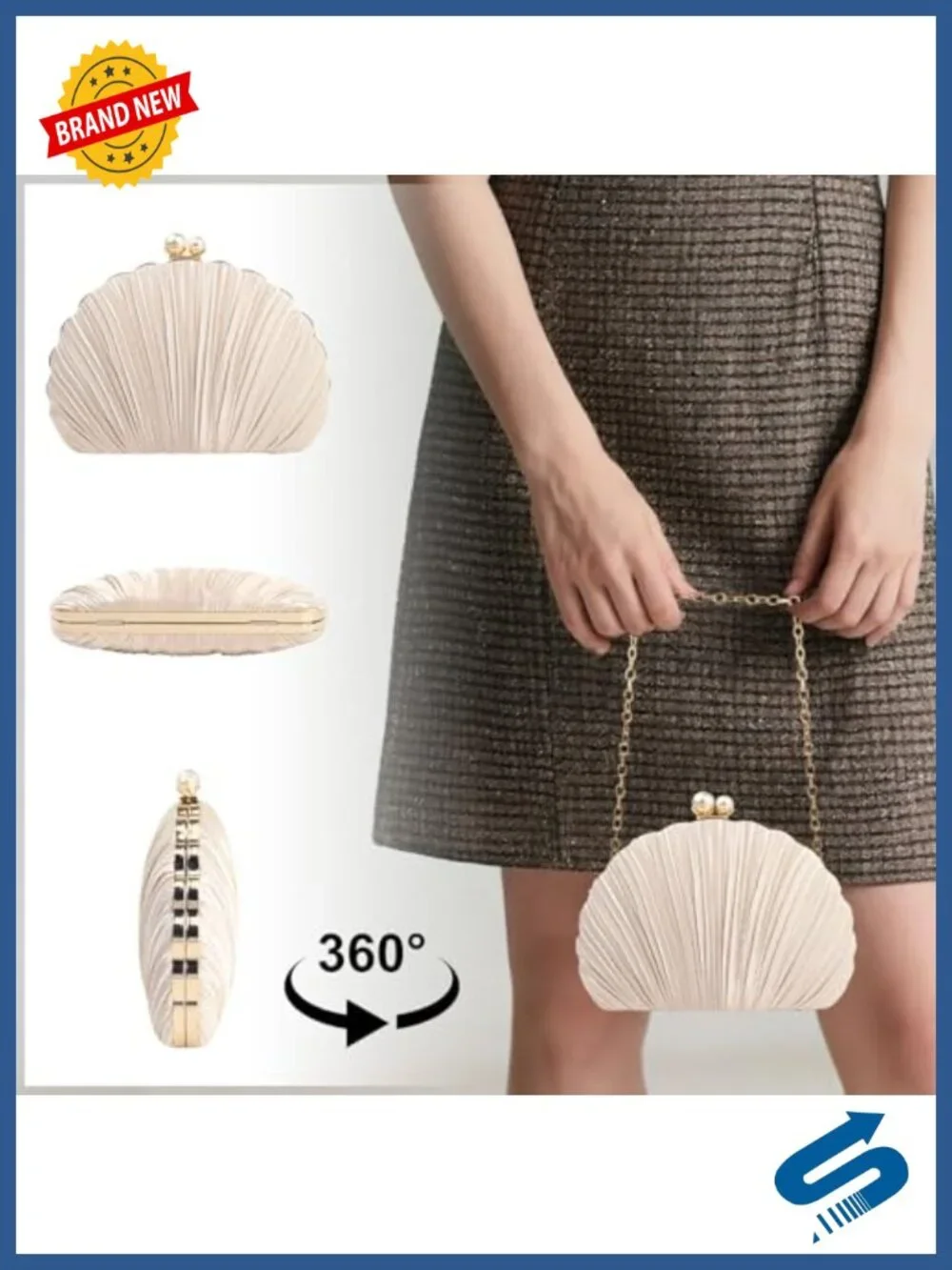 Mini Pleated Seashell Evening Clutch with Chain Strap